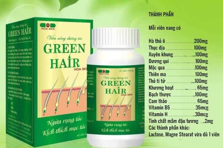 Viên uống dưỡng tóc Green Hair có thành phần chính là hà thủ ô, thỏ ty tử, mộc qua